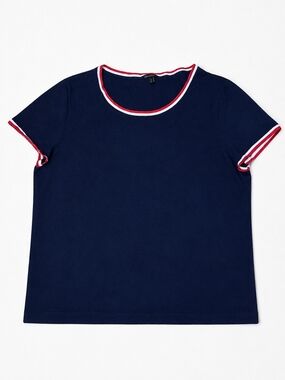 Talbots Navy Nautical Top Red White Trim Short Sleeve Knit Tee Women's Large